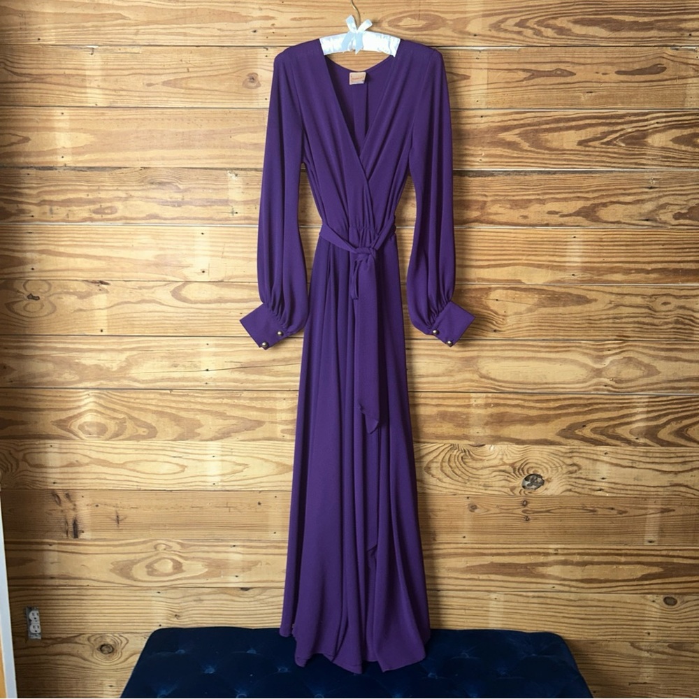 Purple Long Sleeve Wrap Maxi Dress with Tie Waist
